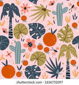 Seamless pattern with tropical plants in doodle style on a pink background. Perfect for fabric, textile, wallpaper. Vector illustration.