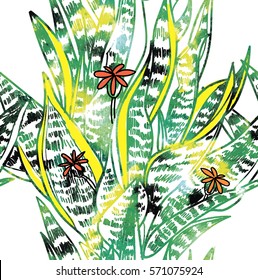 Seamless pattern with tropical plants. Drawing by hand. Simple, a child's drawing. Exotic plants, tropical background.