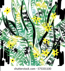 
Seamless pattern with tropical plants. Drawing by hand. Simple, a child's drawing. Exotic plants, tropical background.