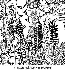 Seamless pattern of tropical plants. Drawing by hand, children's drawing. Stylish summer background in vintage style. Children's drawing.