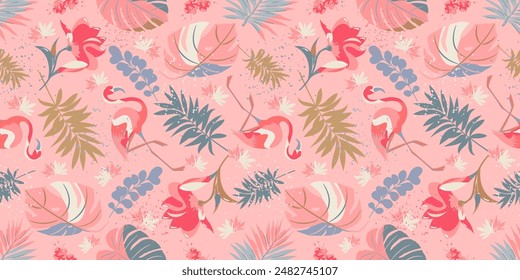 Seamless pattern with tropical plants and flamingos. Summer vacation in the tropics, background.