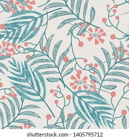 Seamless pattern with tropical plants and flowers on pastel background. Vector design. Jungle print. Floral background.