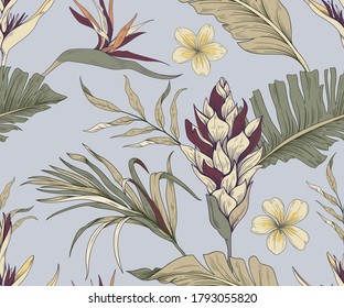 Seamless pattern with tropical plants and flowers. Exotic pastel pattern
