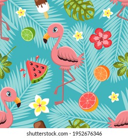 Patrón sin foco con plantas tropicales y flores, helados, frutas y flamencos. Ilustración vectorial.