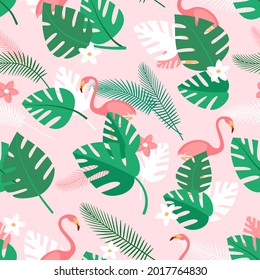 Nahtlose Muster mit tropischen Pflanzen, Blumen und rosafarbenen Flamingos. Sommerhintergrund mit grünen Palmenblättern. Einfache Tapete, Vektorgrafik