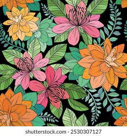 Patrón sin fisuras con plantas tropicales, flores y hojas sobre fondo negro. Vector diseño exótico, plantas hawaianas