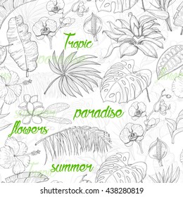 Seamless pattern with tropical plants and flowers. Vector illustration for your design