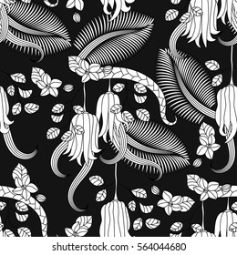 Seamless pattern with tropical plants, flowers and citron Buddha s hand . Vector illustration.