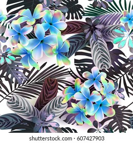 Seamless pattern of tropical  plants, flowers