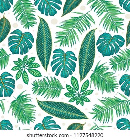 Seamless pattern with tropical plants. Freehand drawing. Can be used on packaging paper, fabric, background for different images, etc. 