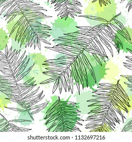 Seamless pattern with tropical plants. Freehand drawing. Can be used on packaging paper, fabric, background for different images, etc. 