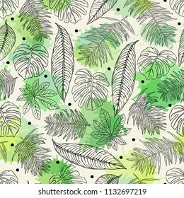 Seamless pattern with tropical plants. Freehand drawing. Can be used on packaging paper, fabric, background for different images, etc. 
