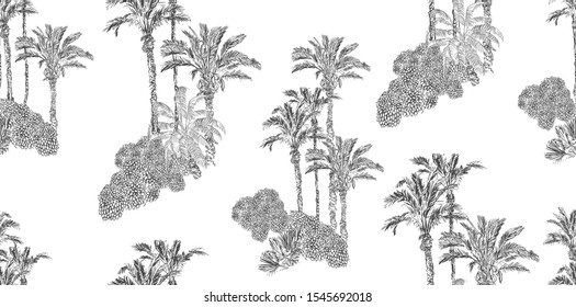 Seamless Pattern Tropical Plants Groups Palm Trees Wallpaper Black And White Design Lithograph Ink Drawing Hand Drawn Print Of Jungle Nature