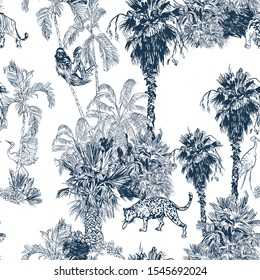 Seamless Pattern Tropical Plants Groups Palm Trees in Jungle Forest with Leopard, Sloth, Tiger Animals and Crane Birds Etching Drawing in Indigo Blue Color on White Background