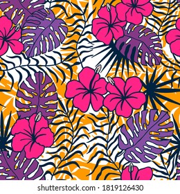 Seamless pattern of tropical plants, hibiscus flowers. Vector stock illustration eps10.
