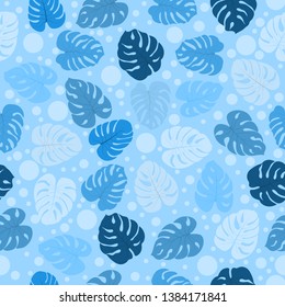 Seamless pattern with tropical plants leaves and monster bubbles. Modern random colors. Ideal for textiles, packaging, paper printing, simple backgrounds and textures.