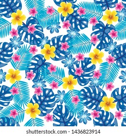 Seamless pattern with tropical plants. Leaves of monstera and Areca palm and hibiscus flowers.