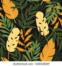 Seamless pattern with tropical plants and leaves. Floral seamless vector tropical pattern background with exotic leaves, jungle leaf. Vector background for various surface. Hawaiian style.