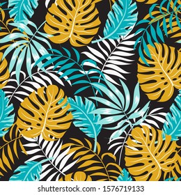 Seamless pattern with tropical plants and leaves on dark background. Beautiful seamless vector floral pattern. Exotic wallpaper, Hawaiian style. Vector background for various surface.