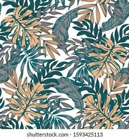 Seamless pattern with tropical plants and leaves on white background. Exotic wallpaper, Hawaiian style. Jungle leaves. Botanical pattern. Vector background for various surface. 