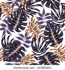 Seamless pattern with tropical plants and leaves on white background. Exotic wallpaper, Hawaiian style. Jungle leaves. Botanical pattern. Vector background for various surface.