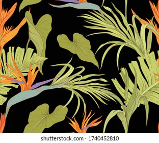 Patrón sin foco con plantas tropicales y hojas