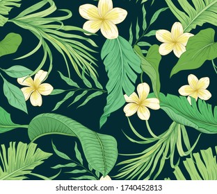 Seamless pattern with tropical plants and leaves