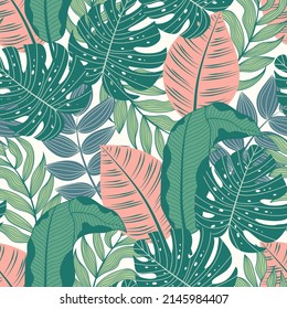 Seamless pattern with tropical plants and leaves. Summer background with exotic leaves. Exotic design for fabric, paper, cover, interior decor and other users.