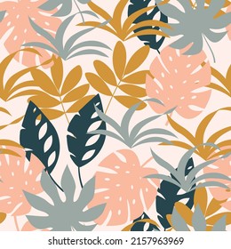 Seamless pattern with tropical plants and leaves. Vector background with exotic leaves. Exotic design for fabric, paper, cover, interior decor and other users. 