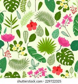 Seamless pattern with tropical plants, leaves and flowers.