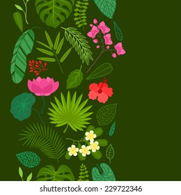 Seamless pattern with tropical plants, leaves and flowers.