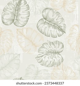 Patrón sin foco con plantas y hojas tropicales. Floral sin costura vectorial de fondo tropical con hojas exóticas, hoja de selva. Papel de pared exótico, estilo hawaiano.