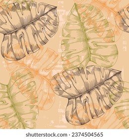 Seamless pattern with tropical plants and leaves. Floral seamless vector tropical pattern background with exotic leaves, jungle leaf. Exotic wallpaper, Hawaiian style.