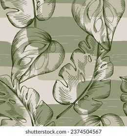 Seamless pattern with tropical plants and leaves. Floral seamless vector tropical pattern background with exotic leaves, jungle leaf. Exotic wallpaper, Hawaiian style.