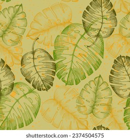 Seamless pattern with tropical plants and leaves. Floral seamless vector tropical pattern background with exotic leaves, jungle leaf. Exotic wallpaper, Hawaiian style.