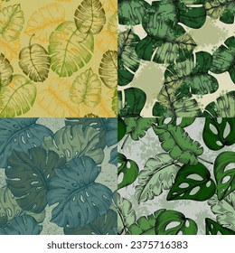 Patrón sin foco con plantas y hojas tropicales. Floral sin costura vectorial de fondo tropical con hojas exóticas, hoja de selva. Papel de pared exótico, estilo hawaiano.