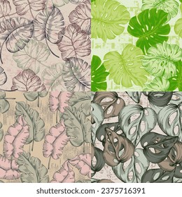 Seamless pattern with tropical plants and leaves. Floral seamless vector tropical pattern background with exotic leaves, jungle leaf. Exotic wallpaper, Hawaiian style.