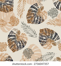 Seamless pattern with tropical plants and leaves. Floral seamless vector tropical pattern background with exotic leaves, jungle leaf. Exotic wallpaper, Hawaiian style.