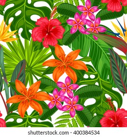 Seamless pattern with tropical plants, leaves and flowers. Background made without clipping mask. Easy to use for backdrop, textile, wrapping paper.