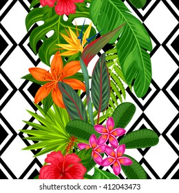 Seamless pattern with tropical plants, leaves and flowers. Background made without clipping mask. Easy to use for backdrop, textile, wrapping paper.