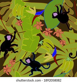 Seamless pattern with tropical plants, monkeys. Vector illustration.