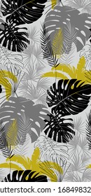 seamless pattern with tropical plants in monochrome shades of black gray and gold with leaves of monstera