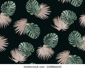 Nahtlose Muster mit tropischen Pflanzen. Monstera Blätter auf schwarzem Hintergrund. Realistische botanische Illustration. Vektorhawaiianischer Sommerhintergrund.