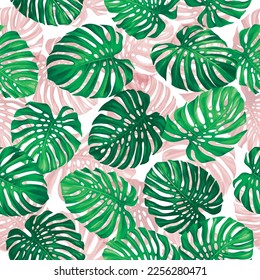 Nahtlose Muster mit tropischen Pflanzen. Monstera Blätter auf weißem Hintergrund. Realistische botanische Illustration. Vektorhawaiianischer Sommerhintergrund.