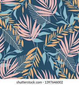 Seamless pattern with tropical plants on dark background. Vector design. Flat jungle print. Floral background.