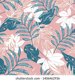 Seamless pattern with tropical plants on pink background. Vector design. Jungle print. Printing and textiles.