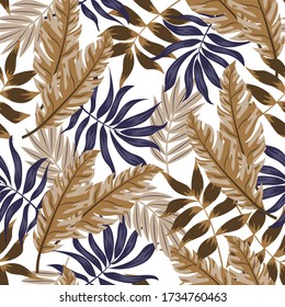 Seamless pattern with tropical plants on white background. Illustration in Hawaiian style. Jungle leaves. Botanical pattern. Vector background for various surface. Trend vector design.