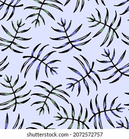 Seamless pattern with tropical plants on a blue background. Vector illustration for printing on fabric. Background for a business card, for an invitation to a boho party.
