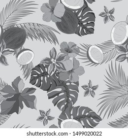 seamless pattern with tropical plants, orchids, palm leaves and coconuts in monochrome gray