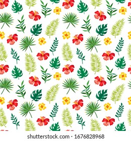 Patrón sin inconvenientes de plantas tropicales, hojas de palma e hibiscos sobre un fondo blanco. Temporada de verano, trópicos.